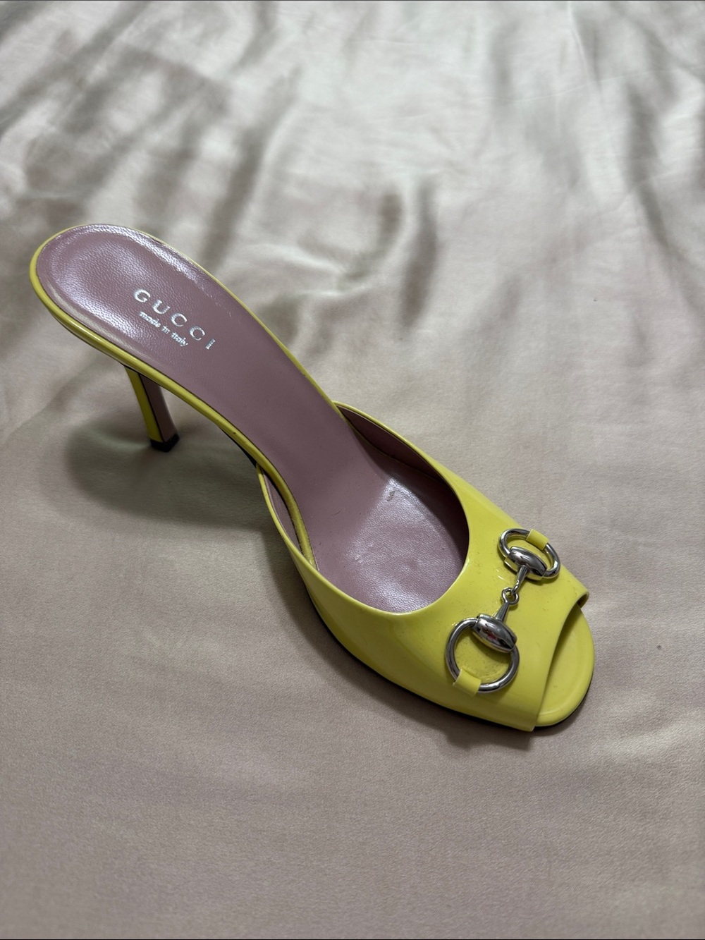 Gucci Yellow Leather Open-Toe Horsebit Mule Heel